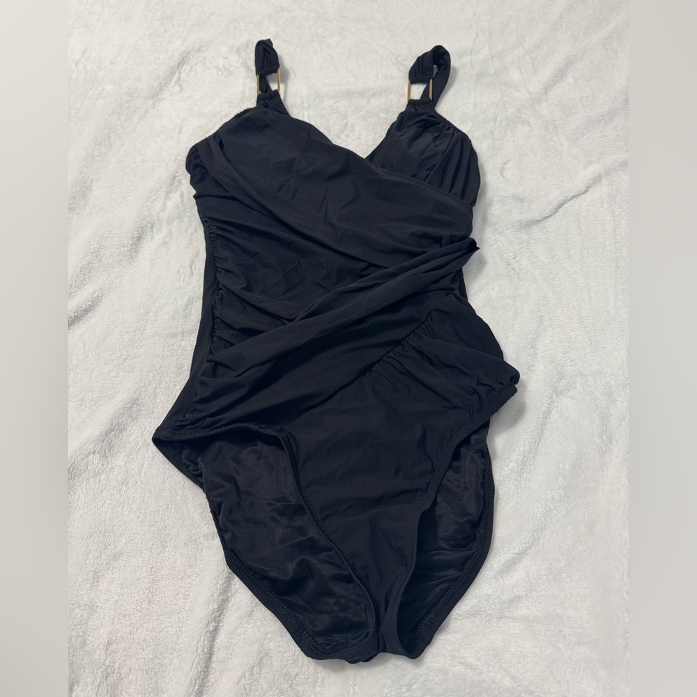 Spanx Black Draped One Piece Shapewear Swimsuit Size 10